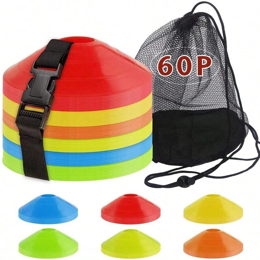 60PCS Soccer Cones With Strap Carry Bag Agility Disc Cones Soccer Training Cones Field Marker Sport Training Cones For Challenge Football Basketball Skating Games Outdoor Indoorgift