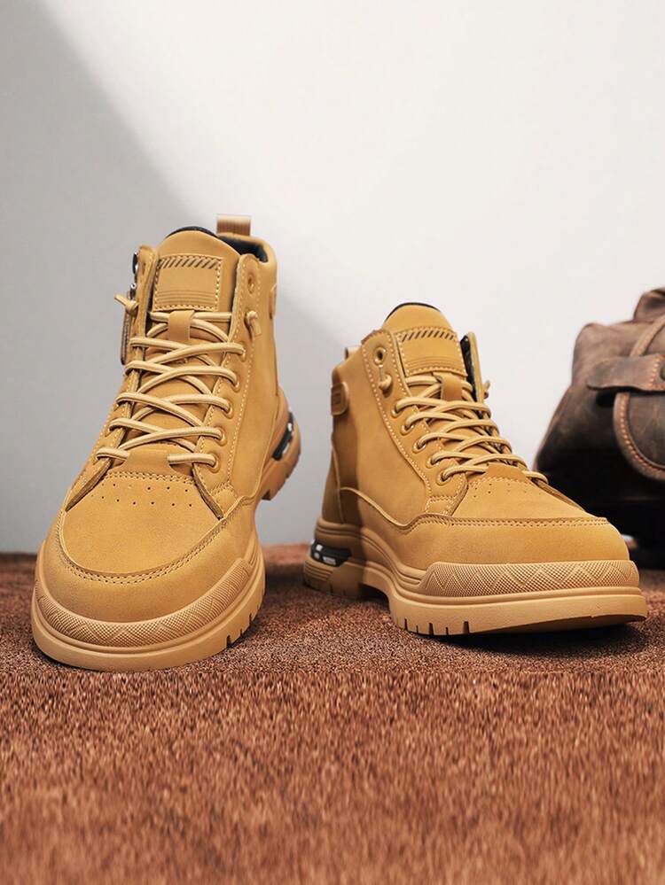 Botas y ante de caña alta para hombres, diseño con cordones y cremallera lateral hasta el tobillo, suela gruesa con elevador, estilo clásico retro para senderismo, motocicleta, cómodas forradas, adecuadas para otoño, exteriores, calle, vacaciones, viajes, multiusos - Caqui - Ver 4