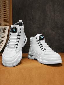 男士高帮皮革摩托车靴，旋转扣设计，纯色，厚底，户外骑行，派对，旅行，校园，学生，青少年，四季皆宜，皮革，舒适的衬里，靴子，侧拉链和旋转扣设计，方便，摩托车靴，户外靴 - 白灰 - 查看 4