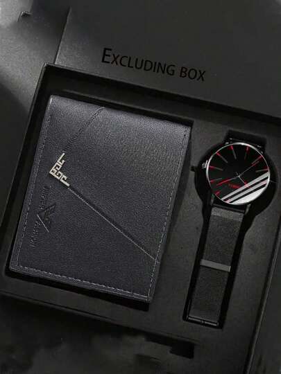 2 件时尚网状单刻度男士手表、石英男士手表和 1 个商务男士钱包