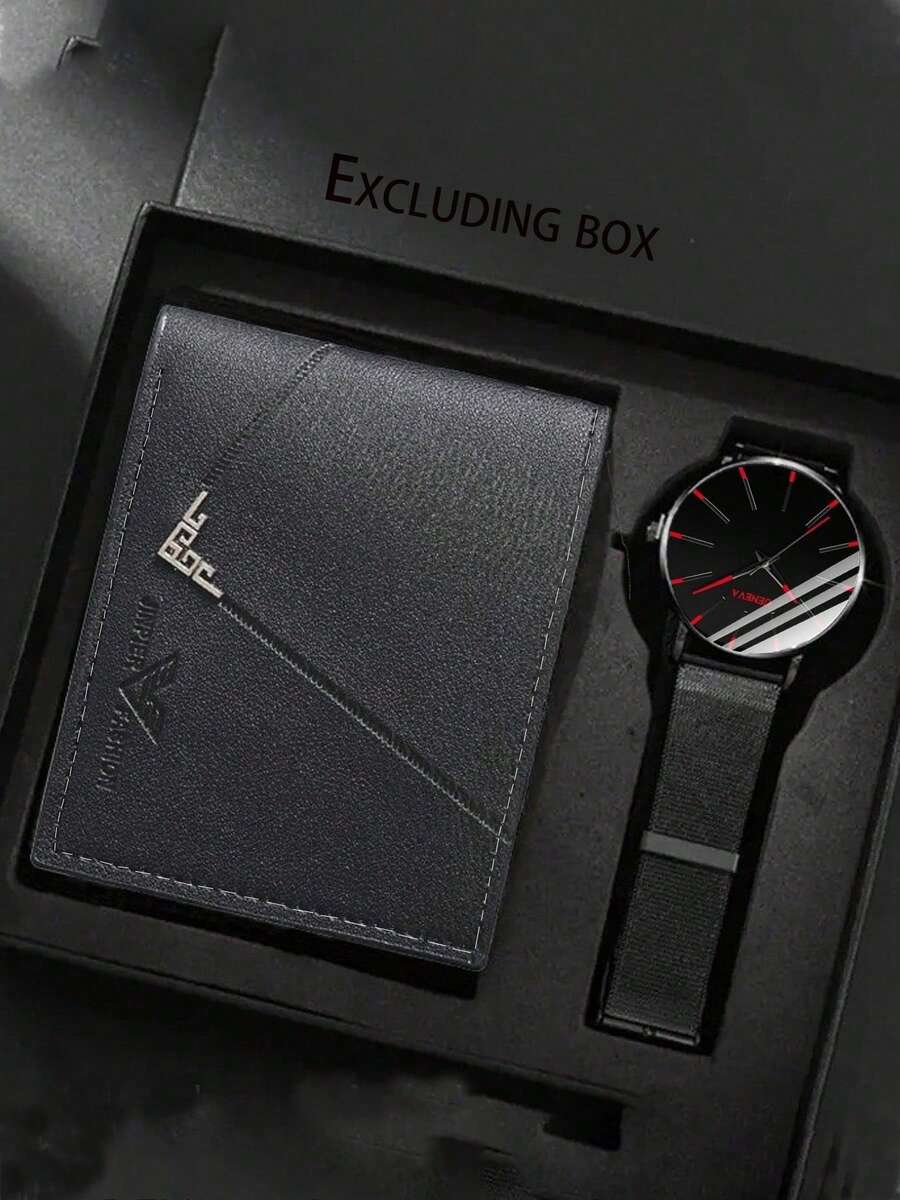 2 件时尚网状单刻度男士手表、石英男士手表和 1 个商务男士钱包 - 凹陷網帶+錢包 - 查看 1