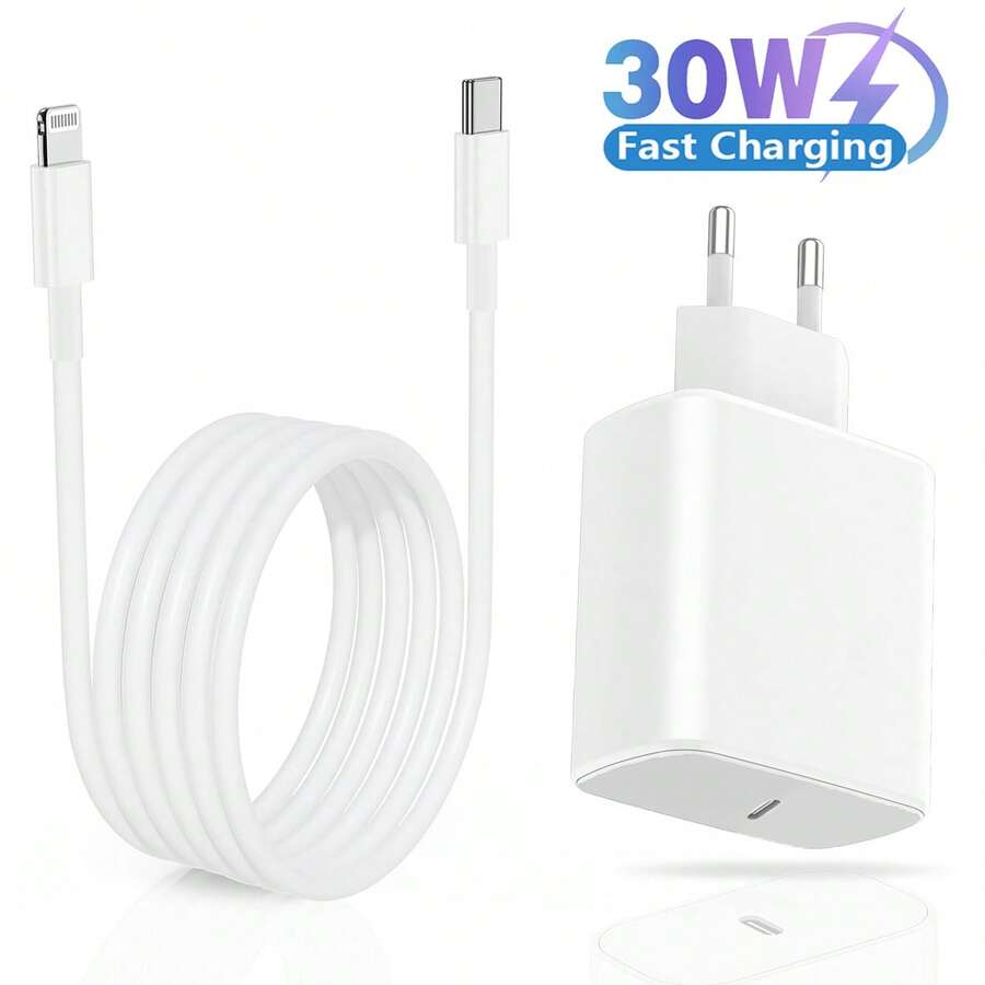 30W USB-C Fast Charging Adapter, EU Plug Charger With 3.3FT/6.6FT USB-C To Lightning Cable Charging Set, Compatible With IPhone 14 13 12 11 Pro Max Plus - EU C Type Plug(220-240V) - View 1