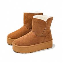 SuperG Women's Platform Furry Ankle Winter Boots Warm Soft Plush Lined Fabric Upper Casual Slip On Fashion Snow Booties - 駝色 - 查看 9