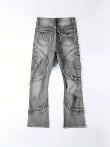 男式口袋磨边休闲弹力紧身喇叭牛仔裤 - 淺灰色 - 查看 7