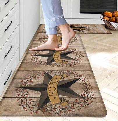 Western Rustic Kitchen Rugs Mat Set Of 2 Cushioned Anti Fatigue Kitchen Mats For Floor Farmhouse Country Kitchen Floor Mat Texas Star Non Slip Waterproof Comfort Standing Mats, Brown, 17"X28"+17"X47"