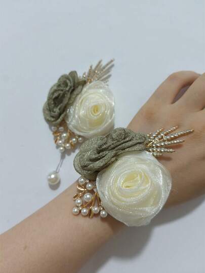 1 件胸花 + 1 件腕花，香槟色和蓝色双花装饰，优雅适合婚礼、新郎、新娘、伴娘、派对、舞会、日常穿着