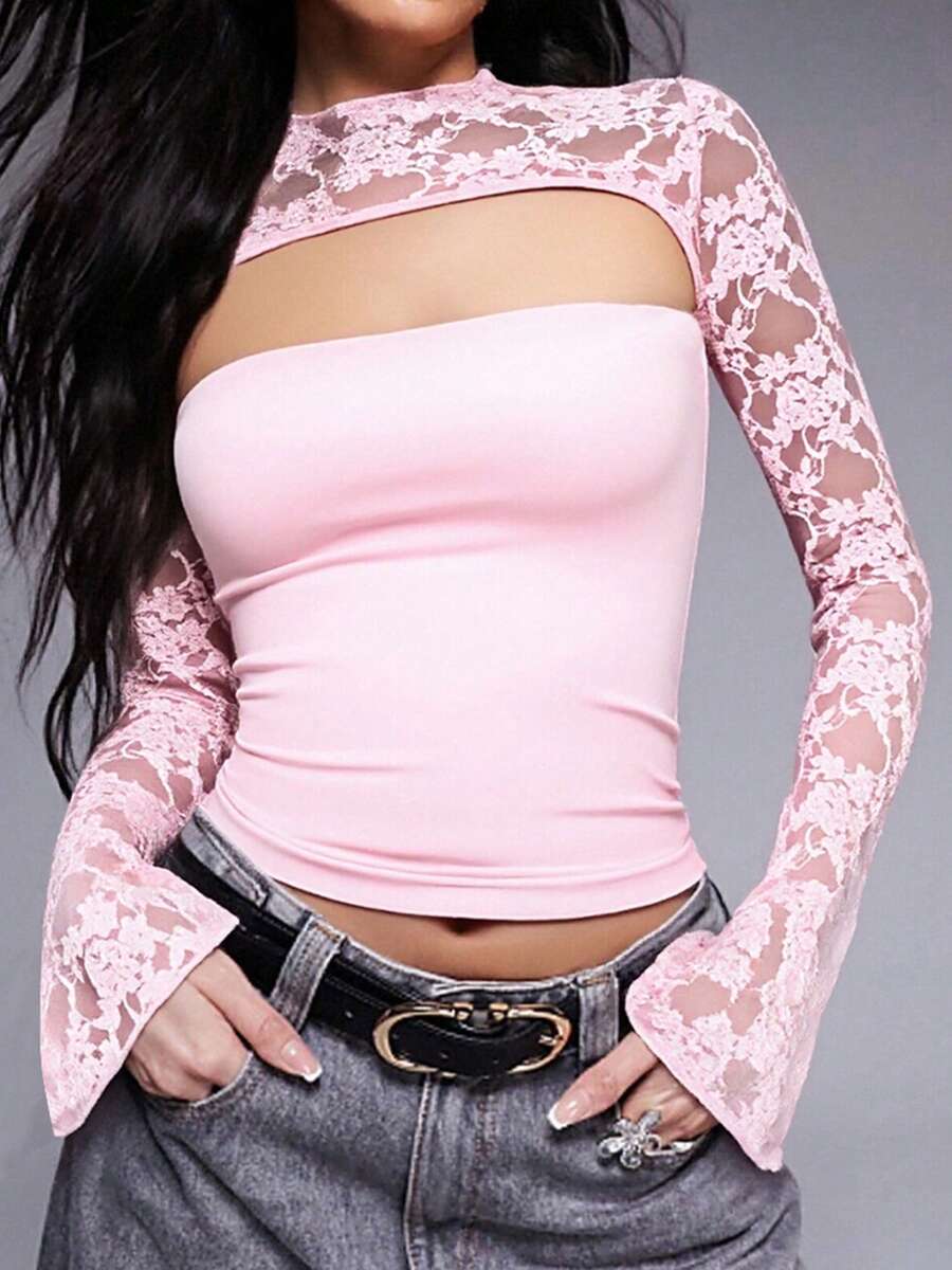 Women's Long Sleeve Tops Slim Fit Stylish Solid Hollow Out Lace Patchwork Long Sleeve T-Shirt For FallSpring - Hồng - Xem 1