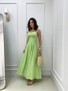 Long Dress With Double Straps And Ruched Detail On The Bust - Bơ xanh - Xem 2