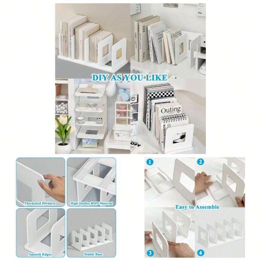 Desk File Sorter Vertical Desktop File Folder Organizer 4 Section Plastic Book Holder Adjustable Shelf Dividers Closet Purse Handbag Mail Binder Organizer Magazine Rack Stand Bookshelf White