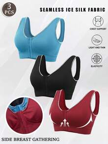 3pcs Women'S Removable Pad Sports Bra For Women, Zip-Up Design With Padded Support, Bras For Women Breathable And Skin-Friendly, Without Steel Ring, Shockproof And Anti-Sagging Yoga Underwear, Perfect For Sports, Fitness, And Yoga - Color A - 查看 1