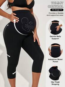 孕妇七分紧身裤，高腰设计，柔软透气，弹性十足，适合瑜伽、散步、旅行或日常穿着，黑色，夏季款 - 黑色 - 查看 3