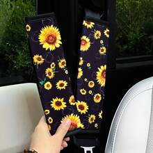 Sunflower Car Interior Set, Sunflower Printed Steering Wheel Cover, Seat Belt Cover, Anti-Slip Elastic Universal Car Styling Print, Slight Deviation In Printing Position
