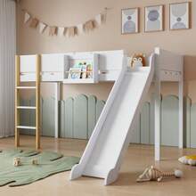 Bunk Bed, Bunk Bed With Three-Step Straight Ladder, Children's Bed, Youth Bed With Slide, With Pull-Out Shelf, Pine+MDF, White+Natural, 90x200cm - White - View 2