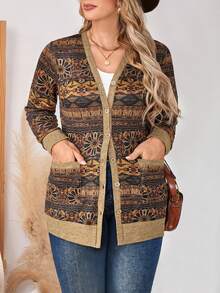 Bohemian Retro Print V-Neck Cardigan, Comfortable Stretchy Knit, Casual Plus Size Women Knitted Cardigan, Spring/Autumn