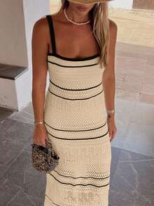 女士优雅简约黑米条纹无袖修身针织连衣裙，休闲镂空紧身钩针连衣裙，春夏秋季