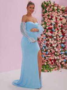 High Slit Zipper Front Formal Evening Gown With Mesh Panels - Baby Blue - View 6