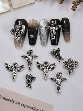 10pcs 3D Metal Angel Nails Charms 3D Punk Retro Alloy Nail Art Decoration Accessories DIY Nail Jewelry Retro Silver Nail Art Supplies