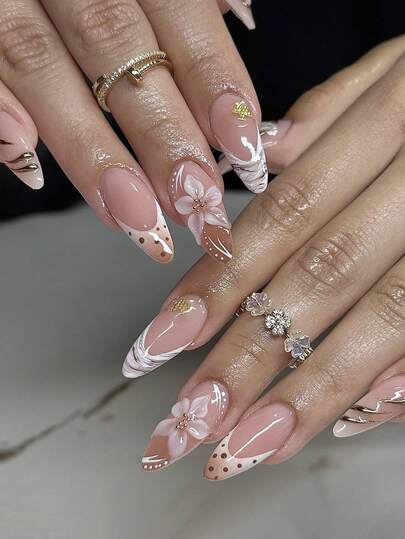 24 piezas/Set de uñas postizas con forma de almendra elegantes con decoración de ondas, lunares, flores y perlas de lámina dorada lujosa, incluye esmalte de gel y lima de uñas, ideal para chicas/mujeres para uso diario, fiestas, otoño