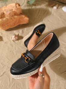 女士新款厚底时尚百搭亚麻编织底休闲鞋。轻便优雅舒适的女士凉鞋。白色、黑色、杏色、红色、绿色、粉色 - 黑色 - 查看 3