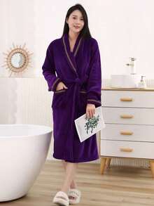 1pc Coral Fleece Women's Long Bathrobe, Multiple Colors Available, With Hood, Belt And Pockets, Fluffy Soft Warm, Unisex Bath Towel Robe, Women's Bathrobe, Super Soft Velvet Texture, Bathroom Supplies - Lapel-trimmed Bathrobe - View 16