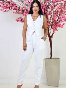 Women's Formal Skinny Pants Tailoring Set - White - View 1