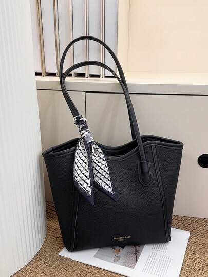 时尚纯色围巾装饰 PU 托特包，大容量通勤复古简约休闲单肩包，百搭手提包适合女性