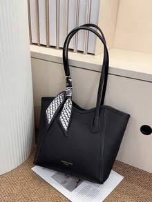 Large Capacity Minimalist Vintage-Style Handbag In Solid PU Leather With Matching Scarf, Versatile And Elegant Women's Bag, Fashionable Bag With Bow, Eye-Catching Handbag - 銀色 - 查看 11