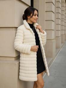 Abrigo de Peluche Elegante con Cuello Alto y Bolsillos Laterales - Hueso - Ver 3