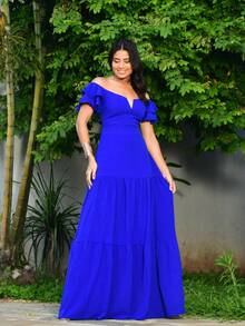 Long Off-The-Shoulder Dress With Ruffles, V-Neckline, Elegant, Charming Sleeves - Royal Blue - View 1