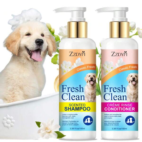 2 Pezzi Set di Shampoo + Bagnoschiuma Profumati e Rinfrescanti per Animali Domestici, Profumo Classico Fresco (100ml * 2) + Balsamo Profumato e Rinfrescante, Adatto per Gatti e Cani