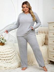 Plus Size Solid Color Rib Knit Women Loungewear Set, Popular Autumn/Winter Home Wear