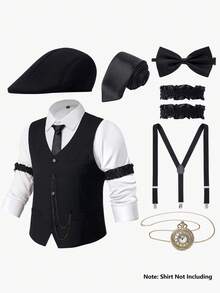 1920s Mens Costume Gatsby Gangster Costume Accessories Set-1920s Hat Vest Pocket Watch Tie-Roaring 20s Costumes For Men-Shirt Not Includ - 黑色 - 查看 1