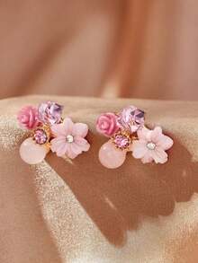 Andkiss 1pair Fashion Zinc Alloy Rhinestone & Flower Decor Stud Earrings For Women For Daily Decoration Valentines - 圖片款 - 查看 2