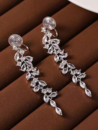 1 Pair Elegant Rhinestone Leaf Tassel Clip-On Earrings, Fashionable Non-Pierced Earrings Suitable For Women, Wedding, Party, Jewelry Gift