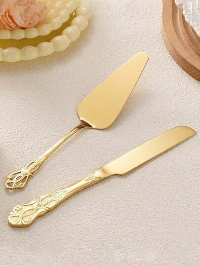 1/2件套复古皇家蛋糕刀叉套装 - 高级不锈钢派刀，配优雅金色手柄，不锈钢蛋糕刀，蛋糕铲和派刀，镜面抛光，可放入洗碗机清洗，铬合金材质，适用于婚礼装饰、万圣节装饰