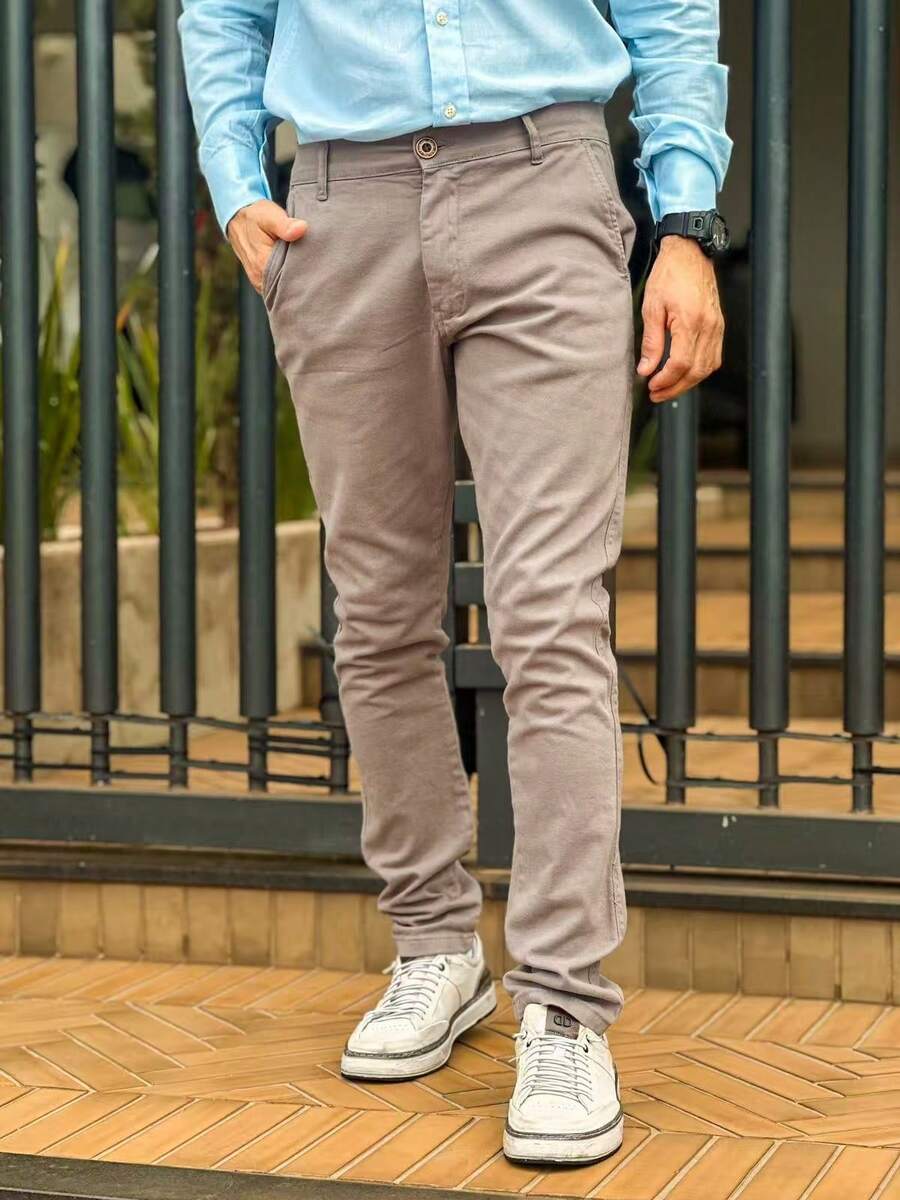 Men's Slim Fit Lycra Dress Twill Pants With Built-In Pockets - Sport Fine - Màu Khaki - Xem 1