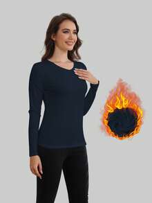 女士保暖内衣 V 领长袖保暖内衬秋冬打底上衣，保暖睡衣 - 藏蓝色 - 查看 6