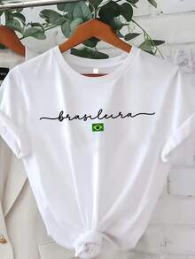 Brasileira Graphic Crew Neck T-Shirt, Casual Cotton Knit Fabric, Regular Length, Geometric Pattern, For SpringSummer - trắng - Xem 1