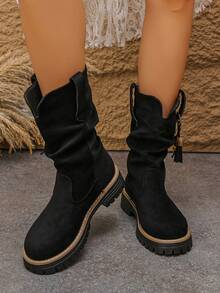 بوت نسائية موضة، بوت سميكة الأربطة، بوت كاحل غربية بلون واحد مزينة بالخرز، للعطلات