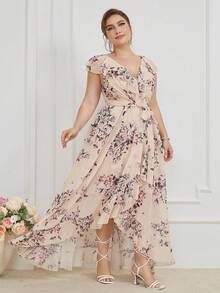 UNITHORSE V-Neck Floral Lace Trim Detachable Tie Asymmetrical Ruffle Hem Print Bridesmaid Dress - Apricot - View 6