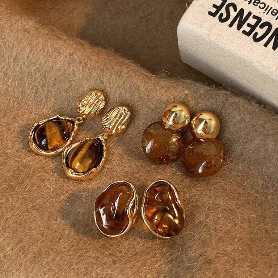 6pcs New Maillard Dyed Earrings Round Stud Earrings Luxury Jewelry Accessories, Autumn/Winter - Maillard 6-piece Earring Set - View 1