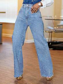 时尚百搭的中度水洗宽松仿珍珠装饰牛仔裤，适合女性日常休闲穿着，春季款 - 淺色水洗藍 - 查看 3