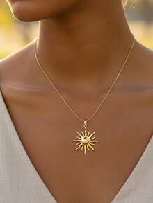 Aomogo 1pc Stainless Steel Women's Carved Flower Asymmetrical Pendant Gold Plated Necklace, Fashionable Sophisticated Minimalist Necklace For Daily Wear Valentines,Mom,Mother,Mother's Day,Gift