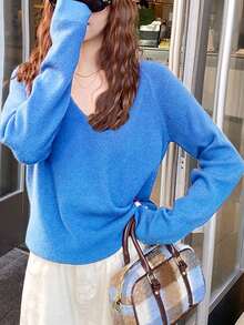 女士秋冬简约V领百搭套头毛衣