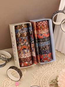 10 Rolls/Box Of Retro Good Luck Washi Tape With Colorful Floral Patterns, Suitable For Diy Crafts, Scrapbooking, Decoration, Craft Material Accessories, Notebooks, And Gift Wrapping. Perfect As A Gift For Friends, Classmates, And Craft Enthusiasts. Back To School , Valentine's Day, Halloween, Christmas, Thanksgiving, Birthday, Homecoming Season Gifts, St. Nicholas Day, Three Kings' Day, Merry Christmas. 10 Rolls Of Rich Floral Planner Tape.