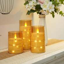 Homemory Set Of 3 Gold LED Flameless Candles, Battery Operated Candles With Embedded Fairy Lights, Acrylic Fake Candles With Remote And Timer For Wedding Home Decor, - 金色 - 查看 3
