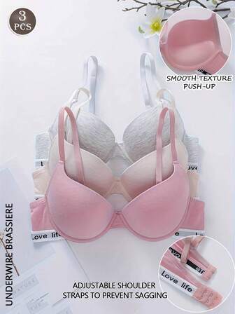 3 piezas Sujetador con relleno ligero con estampado de letras, Sujetador con aros para mujer