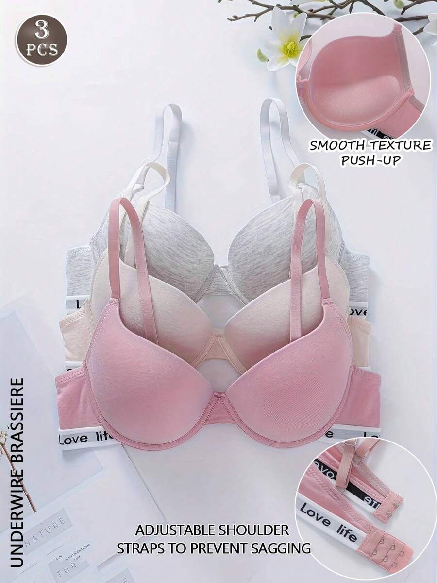 3pcs Bra Push-Up Ringan dengan Bantalan dan Cetakan Huruf, Bra Berkawat untuk Wanita