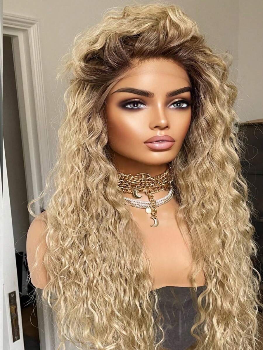 Remy Human Hair 13x4 HD Deep Wave Lace Front Wigs Human Hair Free Part Brazilian Ash Blonde Ombre Curly Wig Human Hair 250 Density With Baby Hair Ombre Hair Natural Hairline Glueless Wigs For Women Long Human Hair Lace Wig - 根染&漸變色 - 查看 1