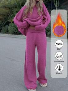 Set de 2 piezas de suéter y pantalón de punto de unicolor, casual para otoño/invierno